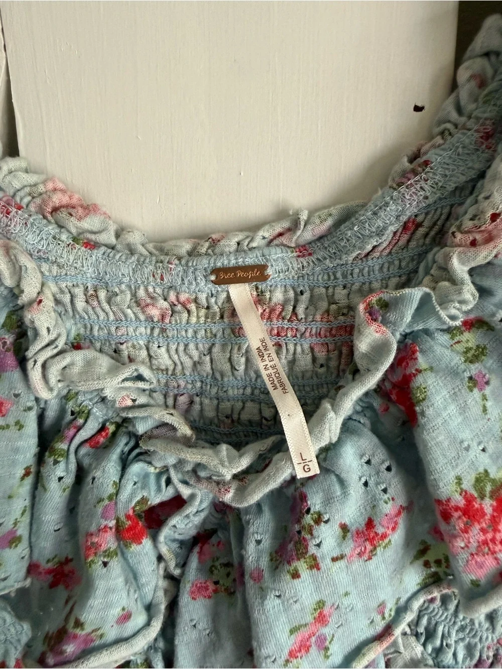 FREE PEOPLE Favorite Girl Blue Floral Ruffle Cropped Blouse